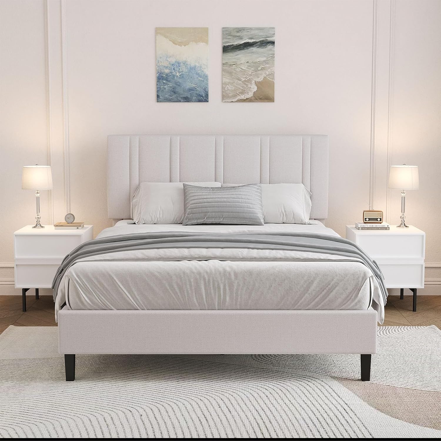 Home Textiles Bedding - Full Bed Frame with Linen Upholstered