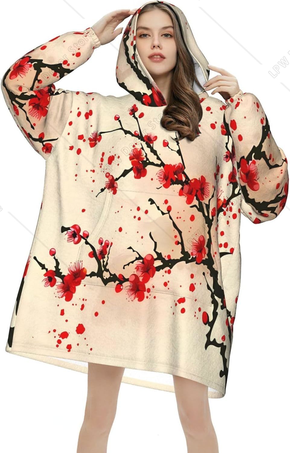 Japanese Home Textiles - Red Cherry Blossom Wearable Blanket Hoodie